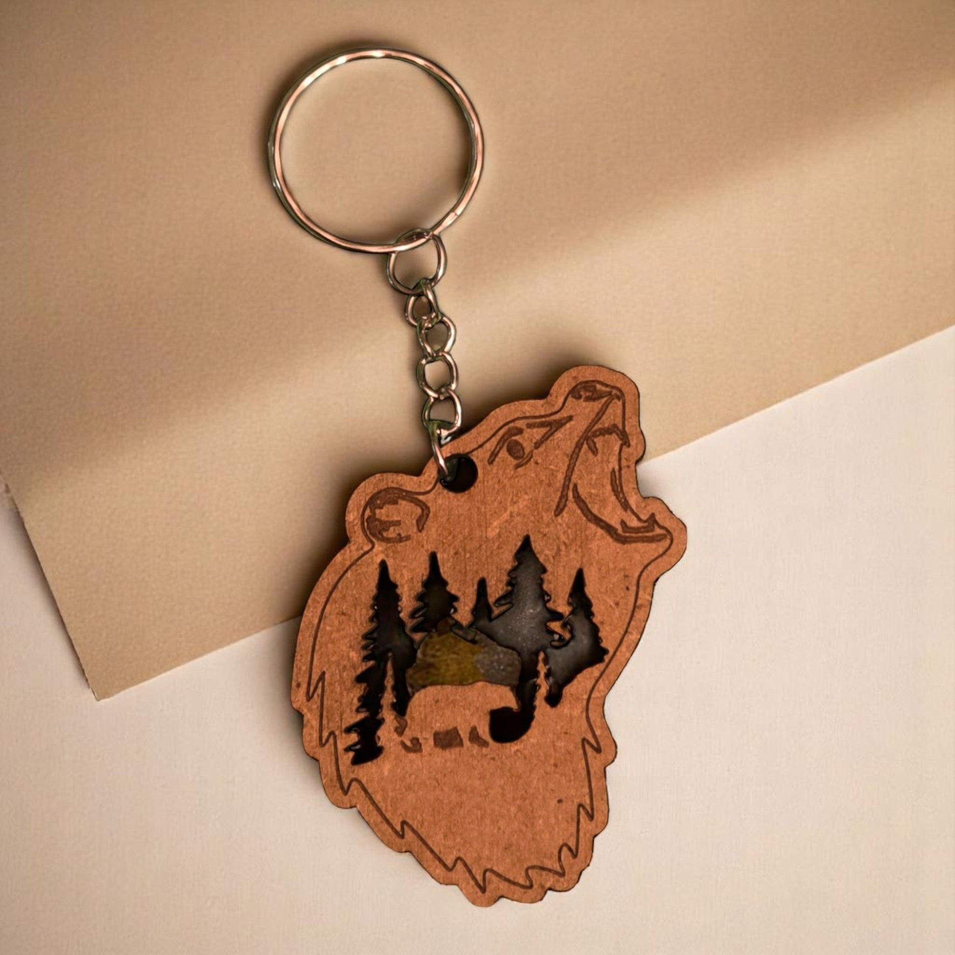 Porte-clé en bois "Ours & Forêt" CREAFAMAX