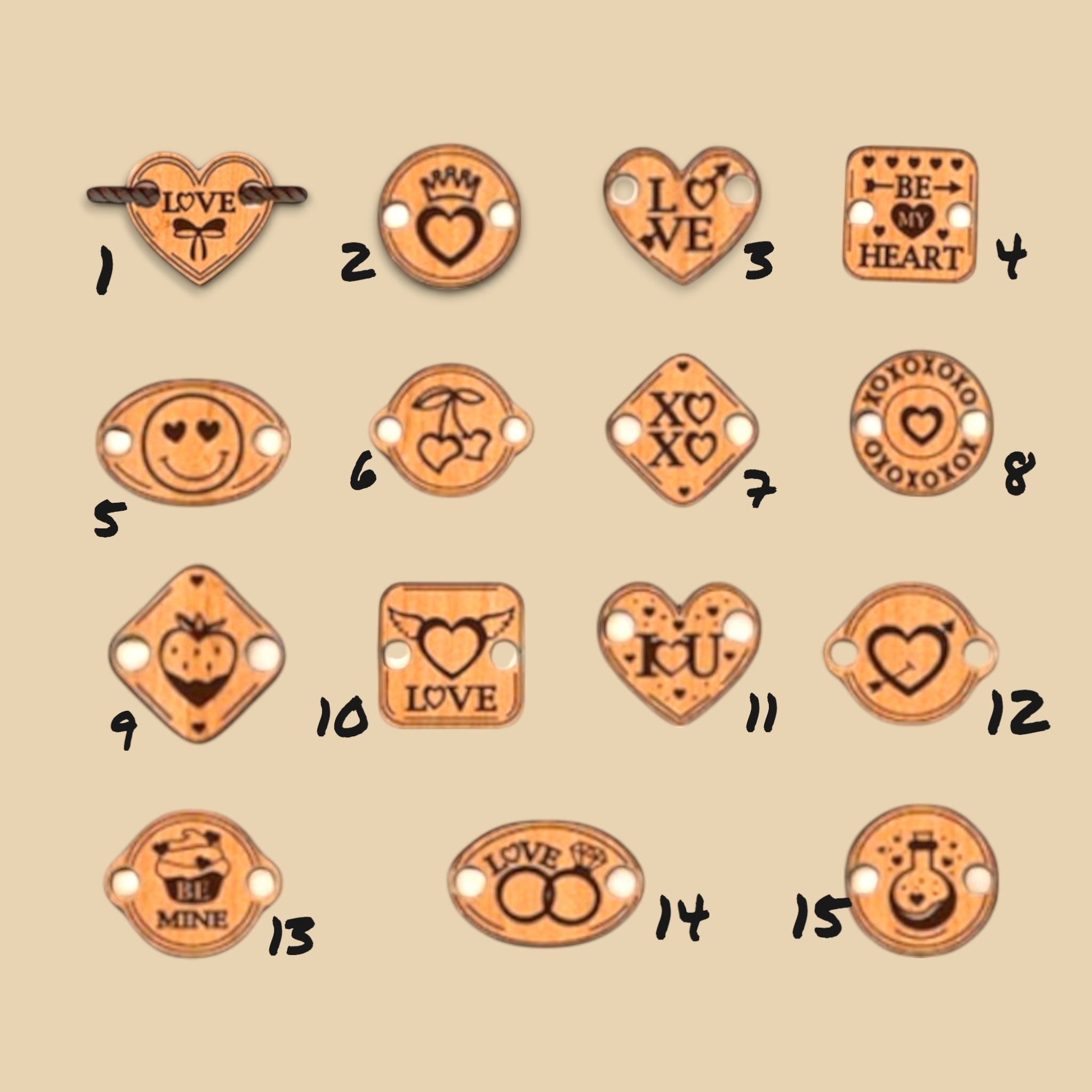Médaillons bois gravés LOVE – lot de 10 modèles – CFX-SET-BRACELET-LOVE-3MM