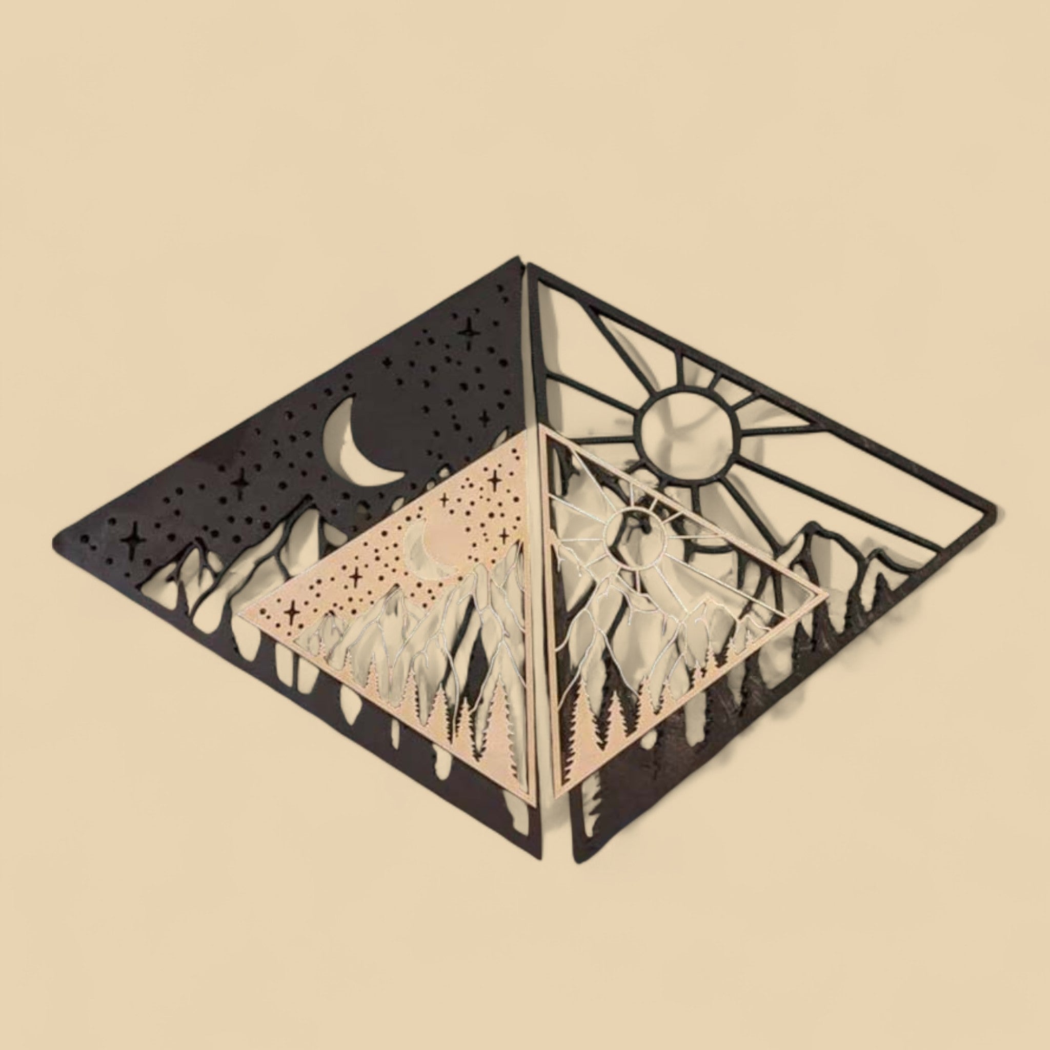 Tableau mural en bois Soleil et Lune – CREAFAMAX – décor montagne jour et nuit